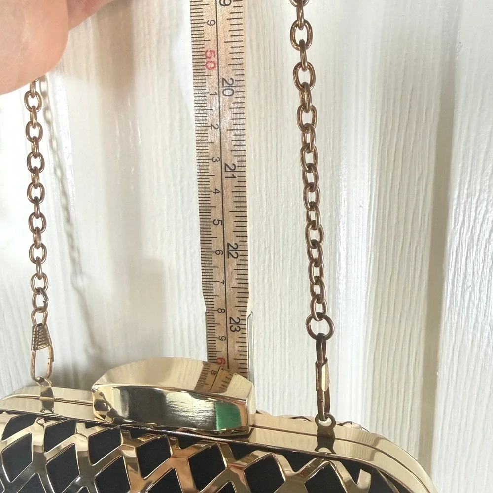 Black Gold Lattice Cage Box Clutch Evening Bag Hard Shell Glam Crossbody Chain